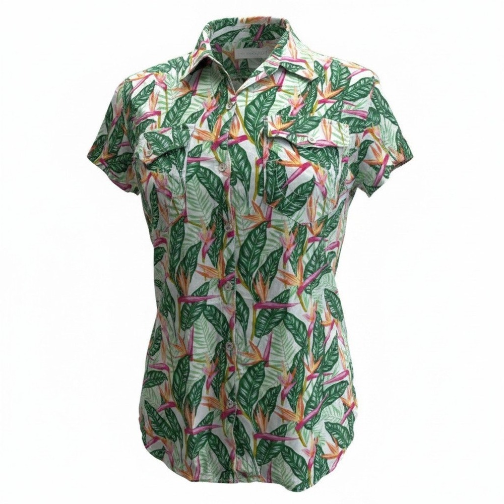 True Religion Button Up Shirt Womens Large Green Tropical Bird of Paradise Print